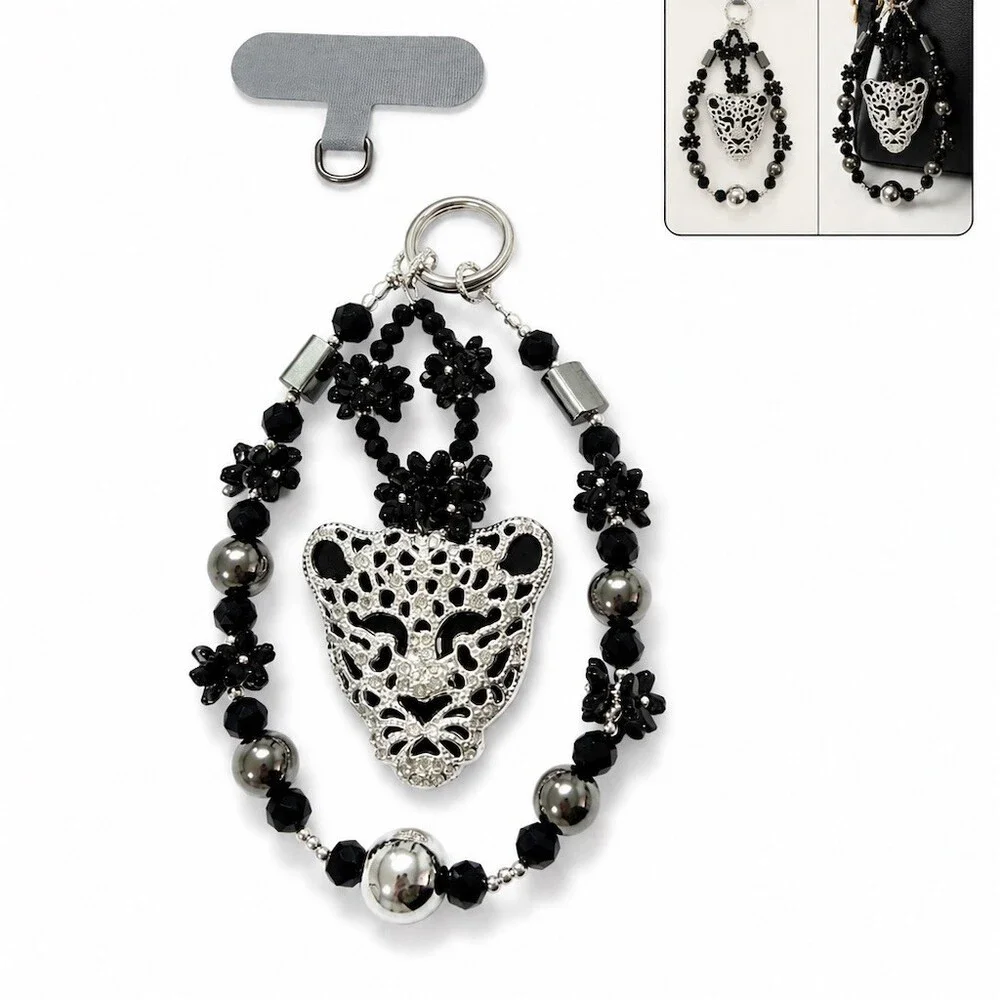 Leopard Head Purse Charm Phone Strap key purse Black Beaded Rhinestone cute gift